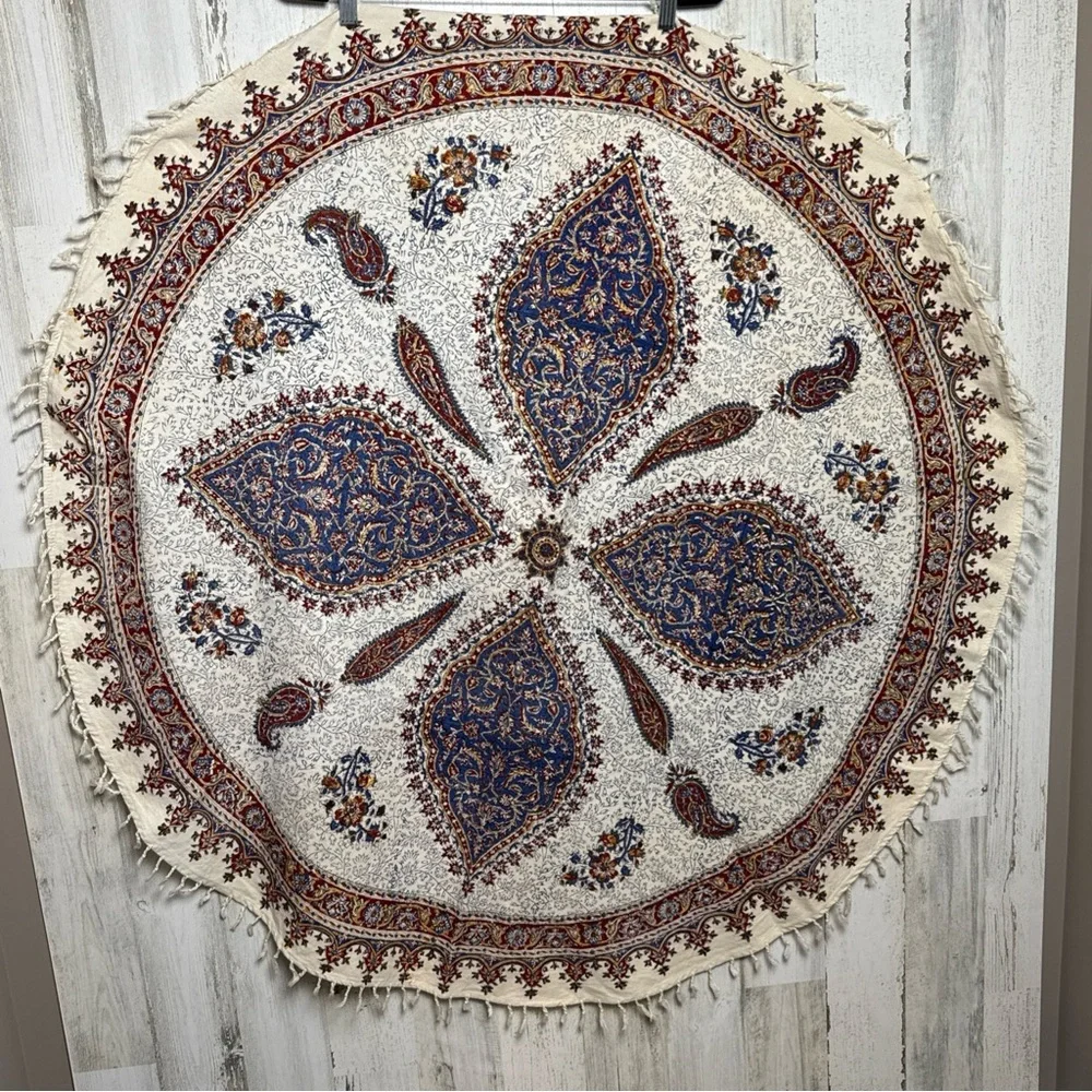 Vintage Round Tablecloth Isfahan Iran Hand Woven Paisley 45” Diameter Borkhar